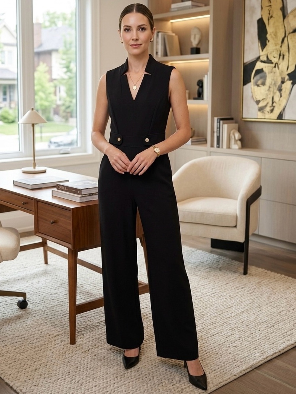 Tahari Arthur S. Levine Black Sleeveless Jumpsuit Petite 4P Gold Button Detail
